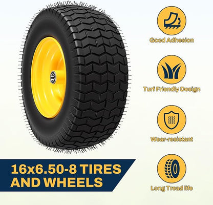 16x6.50-8 Tubeless Tire and Wheel, 16x6.5-8 Lawn Mower Tires, 3"-4.5" Offset Hub, 3/4" or 5/8" Bearing, Fit Riding Mower and Garden Tractor Front Wheels, 4 Ply, V-Turf Pattern, 2 Pack