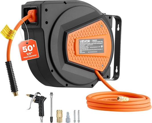 VEVOR Retractable Air Hose Reel, 1/4 Inch x 50 FT Hybrid Air Hose Max 300PSI, Enclosed Air-Compressor Hoses Reel Auto Rewind with 6.6 ft Lead in & Blow Gun, 180° Swivel Ceiling/Wall Mount