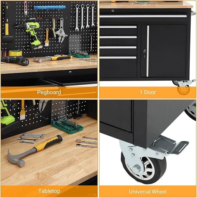 61" Rolling Tool Chest Workbench with 10-Drawers & Solid Rubber Wood Top, Mobile Heavy Duty Tool Storage Cabinet with Lock, Casters, Drawer Liner & 1675 LBS Load Capacity, Includes Power Strip