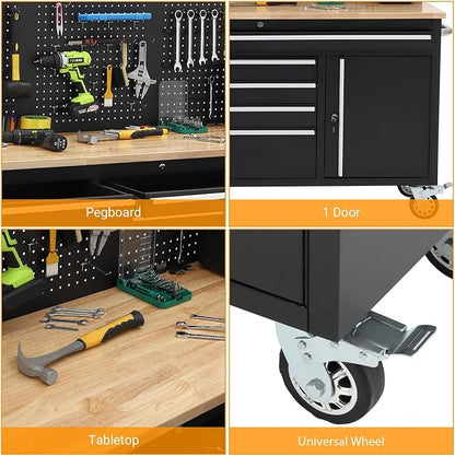 61" Rolling Tool Chest Workbench with 10-Drawers & Solid Rubber Wood Top, Mobile Heavy Duty Tool Storage Cabinet with Lock, Casters, Drawer Liner & 1675 LBS Load Capacity, Includes Power Strip