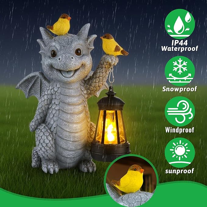 Solar Dragon Garden Statue with Lantern and Birds – Resin Dinosaur Figurine with LED Light for Yard, Outdoor Decor, Gifts for Mom, Women (Dragon)