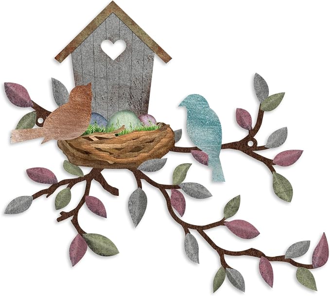 Rustic Metal Wall Decor, Leaves Wall Art Birdhouse, Wall Hanging for Living Room, Kitchen, Garden, Patio, 10.6 x 12 Inch, Light Grey