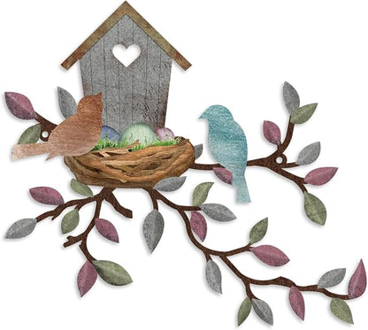 Rustic Metal Wall Decor, Leaves Wall Art Birdhouse, Wall Hanging for Living Room, Kitchen, Garden, Patio, 10.6 x 12 Inch, Light Grey