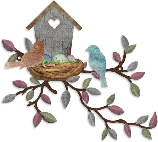 Rustic Metal Wall Decor, Leaves Wall Art Birdhouse, Wall Hanging for Living Room, Kitchen, Garden, Patio, 10.6 x 12 Inch, Light Grey