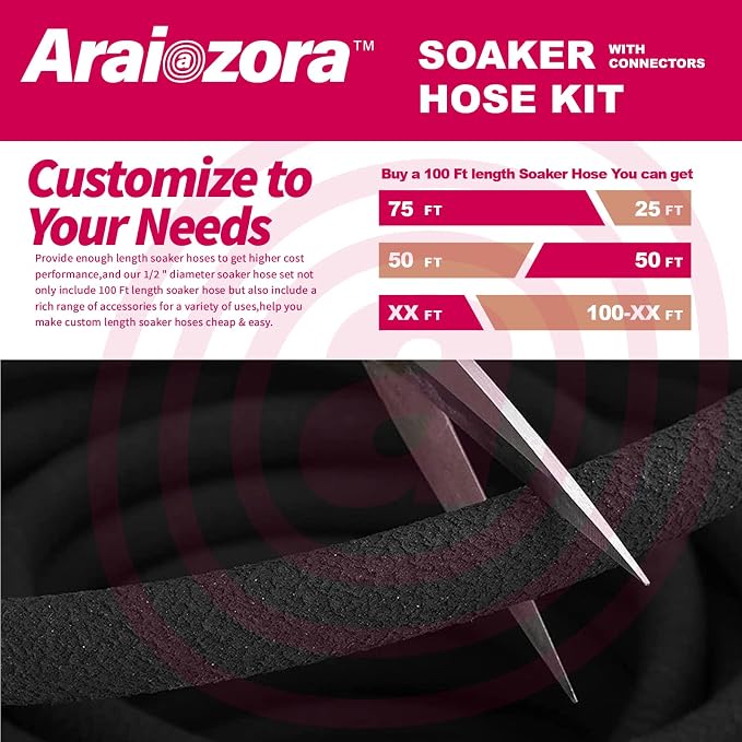 Soaker Hose 100FT 1/2 Inch Premium Kit with Solid Brass Connectors & Stakes, for Deep Root Watering in Flower Beds & Landscaping