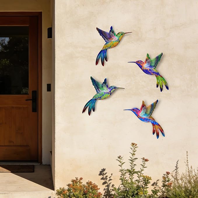 4 Pack Metal Hummingbird Wall Art Decor - 3D Colorful Birds Outdoor Wall Art,Hanging Decoration for Patio, Garden, Balcony and Fence (D)