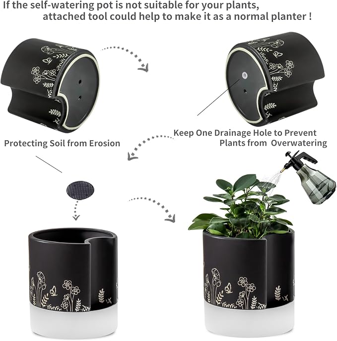 Nihow Self Watering Pots for Indoor Plants,8 Inch,Black Hand Painting | Ceramic Planter, Drainage Hole & Water Storage Plus, Cylinder Round Flower Pot, For Succulent/Herbs/Violets