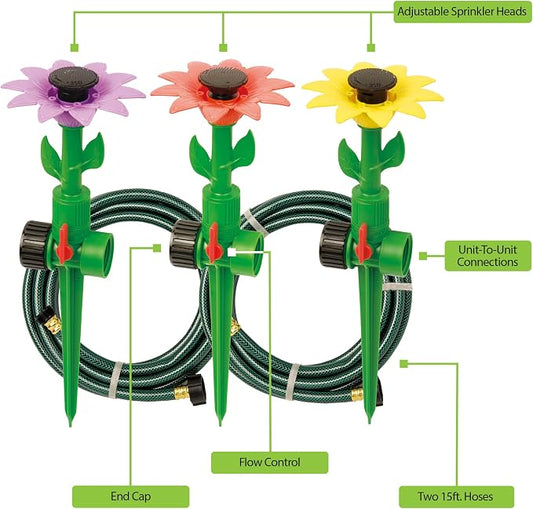 Melnor 65194AMZ Daisy Multi-Adjustable Spike Sprinkler Kit, Covers Up to 1,800 Sq. Ft., 3 Adjustable Sprinklers, 2 Included 15-Ft. Hoses, Quick Connect Bundle, Green, Orange, Pink, Yellow