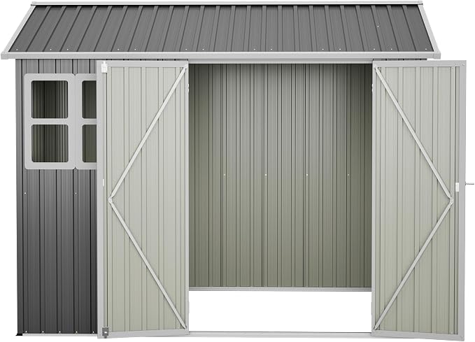 PVWIIK 8x6 FT Outdoor Storage Shed Metal, Heavy Duty Waterproof Steel Garden Tool Shed with Lockable Doors, Utility Storage Building for Backyard Patio Lawn Garden, Grey