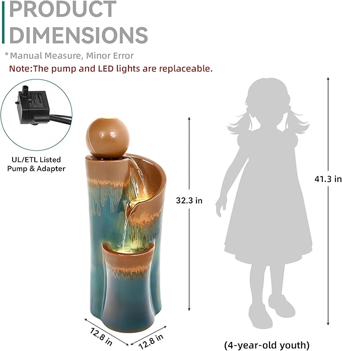32" Ceramic Outdoor Water Fountain w/LED, Teal & Copper Water Feature | high-fired ceramic water fountain outdoor garden decor, lighted cascading waterfall, tranquil oasis for patio, yard, porch