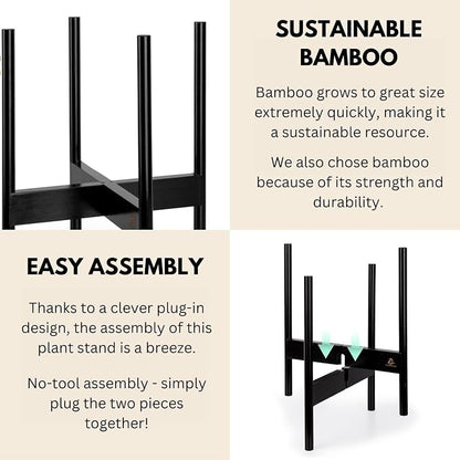 Fox & Fern Bamboo Plant Stand — 11.8 Inch Fixed Size Wooden Mid Century Plant Stand for Indoor Planters (Not Included) - Raised Flower Pot Holder for Indoor Big Pots - Plug In Design - Dark Bamboo