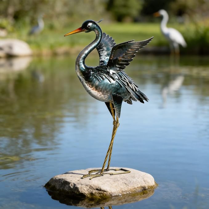 chisheen Crane Garden Statue Metal Heron Outdoor Decor Yard Art Bird Gift | Handcrafted Quality Iron and Handpainted Waterproof Finish
