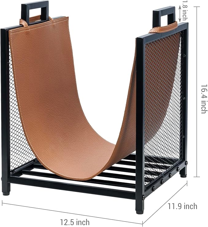 MyGift Modern Black Metal Firewood Stand Log Holder with Brown Leatherette Wood Sling, Wire Mesh Design and Top Carrying Handles, Compact Kindling Storage Rack