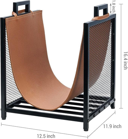 MyGift Modern Black Metal Firewood Stand Log Holder with Brown Leatherette Wood Sling, Wire Mesh Design and Top Carrying Handles, Compact Kindling Storage Rack