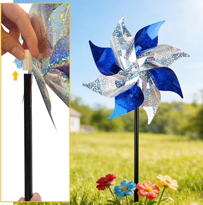 Hausse 12 Pack Reflective Blue Pinwheels with Stakes (Pre-assembled), Extra Sparkly Pin Wheel for Garden Decor, Bird Repellent Devices Deterrent to Scare Birds Away from Yard Patio Farm, Silver & Blue