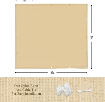 90% Outdoor Sun Shade Cloth, 8' x 8', Pergola, Deck, and Backyard Patio Sunshade with UV Protection, Heat Resistant HDPE Material, Reinforced Grommets (8x8 FT, Wheat)