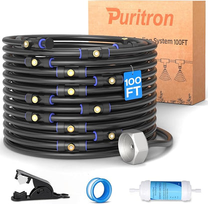 Misters for Outside Patio 100FT, Pre-Assembled WaterMisting Cooling System with 30 Brass Nozzles & 3/4" Adapter, Outdoor Mister Kit for Backyard, Garden, Greenhouse, Chicken Coop, Dog House