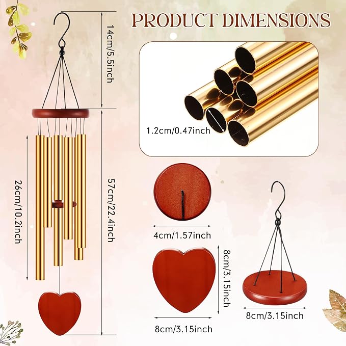 Leinuosen Wind Chimes for Outside Wind Chimes Outdoors Deep Tones 28" with 6 Aluminum Tubes Memorial Sympathy Windchime for Valentine Tree Decor Garden Courtyard Mom Loved One Gifts(Heart,Gold)