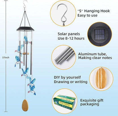 DesGully Wind Chimes,Hummingbird Solar Wind Chimes for Outside Color Changing,4 Aluminum Tubes Wind Bell for Garden/Patio Decor Thanksgiving Gifts for Mom, Wife, Grandma Neighbors(25 Inch Deep Tone)