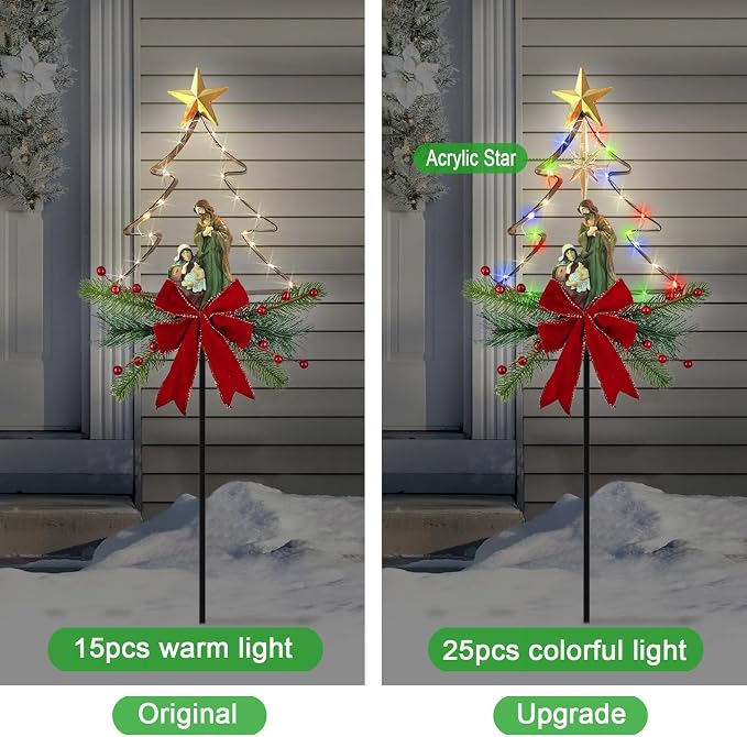 Solar Powered Nativity Scene Christmas Tree Stake Outdoor Christmas Decorations with Fairy Lights Garden Decor for Outside