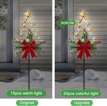 Solar Powered Nativity Scene Christmas Tree Stake Outdoor Christmas Decorations with Fairy Lights Garden Decor for Outside