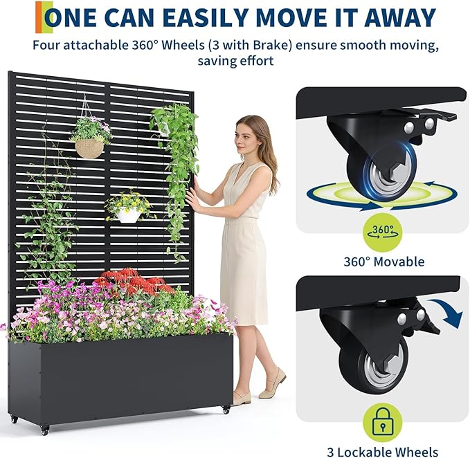 GarveeLife Metal Planter Box with Trellis and Wheels, 71"x47"x16" Raised Garden Bed for Climbing Plants, Vegetables, Vines, Privacy Planters for Patio with Drainage Holes, 15.7" Deep Planting Bed