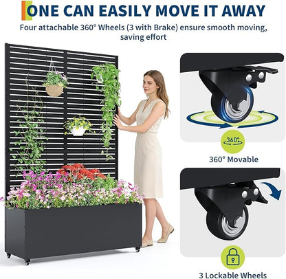 GarveeLife Metal Planter Box with Trellis and Wheels, 71"x47"x16" Raised Garden Bed for Climbing Plants, Vegetables, Vines, Privacy Planters for Patio with Drainage Holes, 15.7" Deep Planting Bed