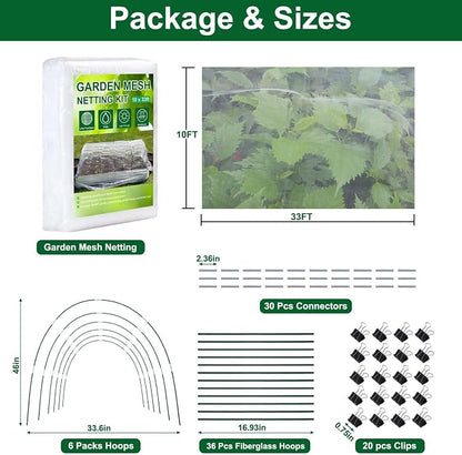 KLEWEE Garden Netting Kit for Raised Beds, 10 x 33 ft Ultra Fine Mesh Netting and 6 Sets Fiberglass Garden Hoops, Garden Bed Row Covers for Plants Vegetables from Animals Barrier Insects Bugs