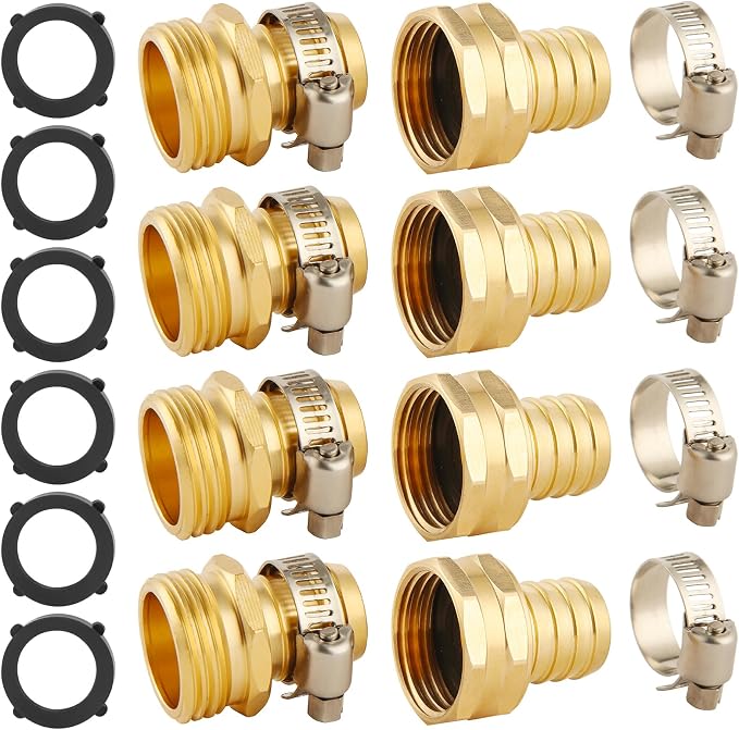 4 Set Brass Garden Hose Repair Connector Kit with Clamps, Fit for 3/4" Garden Hose Fitting,3/4'' Barb x 3/4'' GHT Garden Hose Adapter/Fittings, Water Hose Repair Kit