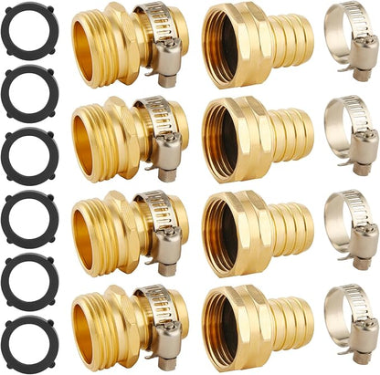 4 Set Brass Garden Hose Repair Connector Kit with Clamps, Fit for 3/4" Garden Hose Fitting,3/4'' Barb x 3/4'' GHT Garden Hose Adapter/Fittings, Water Hose Repair Kit