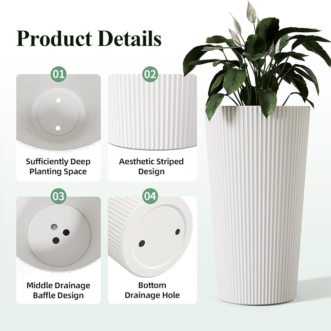 24" H Tall Planters for Outdoor Plants, 2 Pack Large Outdoor Planters for Front Porch Decor with Drainage Hole, Plastic Striped Flower Pots Fits Indoor Plants Patio Garden, Black
