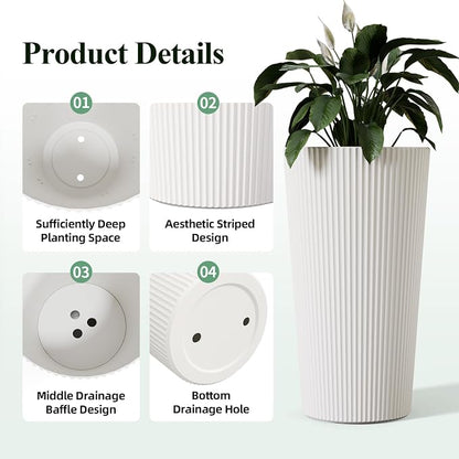 24" H Tall Planters for Outdoor Plants, 2 Pack Large Outdoor Planters for Front Porch Decor with Drainage Hole, Plastic Striped Flower Pots Fits Indoor Plants Patio Garden, Black