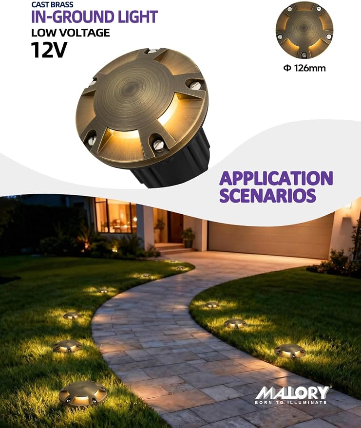 MALORY Brass Top Cover Landscape Well Lights, 12V Low Voltage Outdoor In Ground Lights,Landscape Lighting for Pathway, Driveway, Garden (Five-Direction Turret, 10-Pack with Bulb)