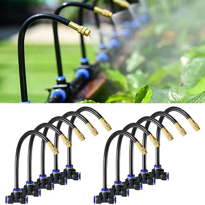 10 Pack 360° Adjustable Drip Irrigation Nozzles with Tee Connectors, Quick Connect Spray Emitters Compatible with 5/16" (8mm) Irrigation Systems for Garden, Lawn, Greenhouse & Raised