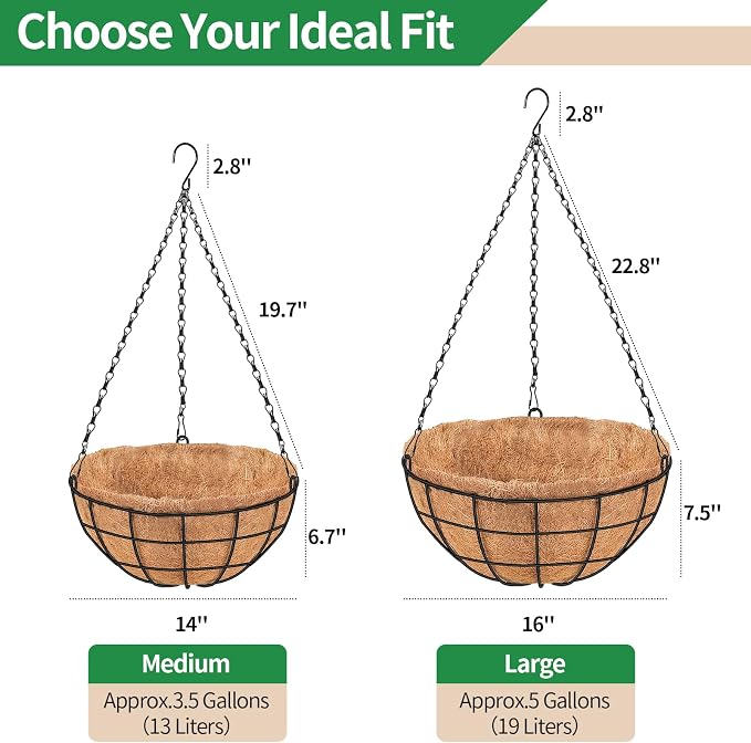 14 Inch Hanging Baskets for Plants Outdoor, 2 Pack Metal Round Wire Hanging Planters with Natural Thick Coco Liners, Garden Patio Decor for Flowers, Herbs, Succulents