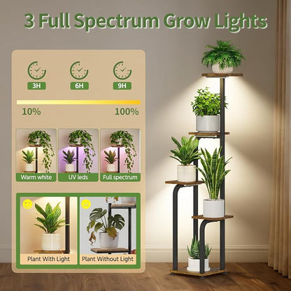 LASZOLA 5 Tiered Plant Stand Tall for Indoor Corner with Grow Lights, Modern Multiple Flower Display Rack with Wooden Tray, Vertical Planter Shelf for Living Room Bedroom Patio Garden Balcony, Black