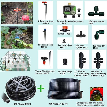 Drip Irrigation System for Garden with Water Timer Main ID 1/2inch 32Ft and 1/4inch 131Ft Water Hose, 2-Zone Automatic Watering System Sufficient Water Irrigation Dripper Waterflow Evenly Easy DIY