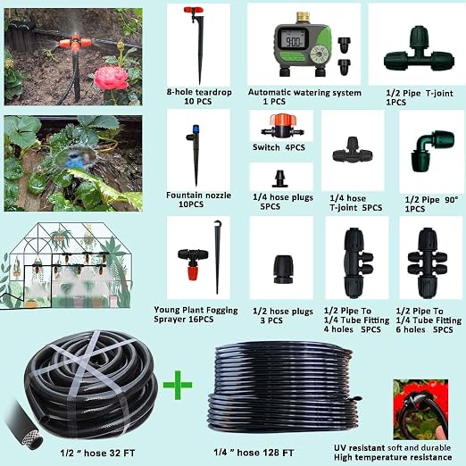 Drip Irrigation System for Garden with Water Timer Main ID 1/2inch 32Ft and 1/4inch 131Ft Water Hose, 2-Zone Automatic Watering System Sufficient Water Irrigation Dripper Waterflow Evenly Easy DIY