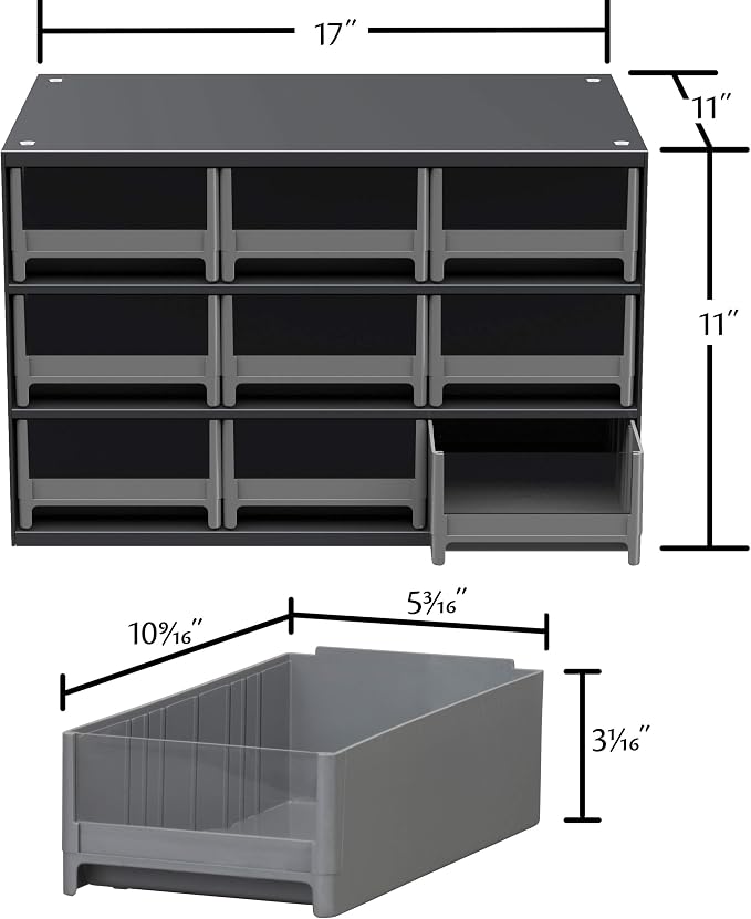 Akro-Mils Steel Garage Storage Cabinet, Small Parts Organizer Metal Cabinet for Hardware, Nails, Screws, Bolts, Nuts, and More, 17" W x 11" D x 11" H, 9-Drawer, Gray Cabinet/Black Drawers (19909)