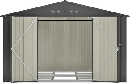PVWIIK 10x8 FT Large Outdoor Metal Storage Shed, Heavy Duty Waterproof Steel Garden Tool Shed with Lockable Doors, Utility Storage Building for Backyard Patio Lawn Garden, Black