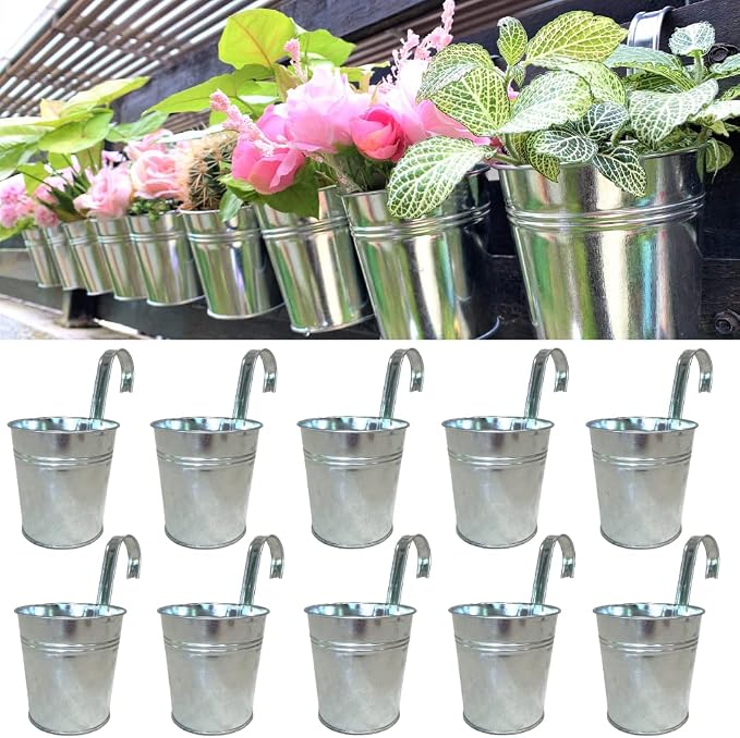 LaLaGreen Rail Planter (4 in, 10 Pack) Silver Metal Railing Flower Pots | Rail planters for balcony, apartment, patio, porch, deck, window box, herb, succulent, flower boxes, outdoor plants