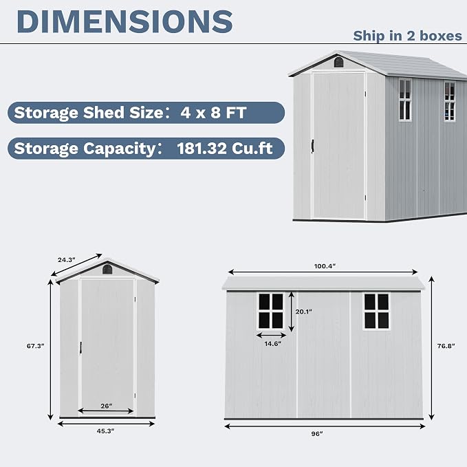 Devoko 4×8 FT Resin Storage Shed with Floor, Garden Plastic Outdoor Shed with Window and Lockable Door, Waterproof Outside Tool shed for Backyard Patio, Light Grey