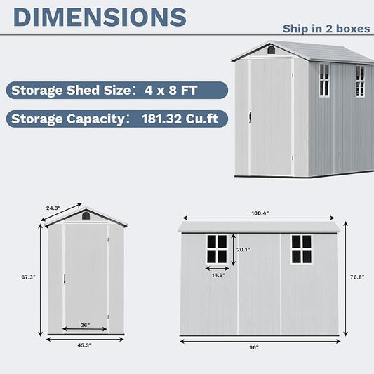 Devoko 4×8 FT Resin Storage Shed with Floor, Garden Plastic Outdoor Shed with Window and Lockable Door, Waterproof Outside Tool shed for Backyard Patio, Light Grey