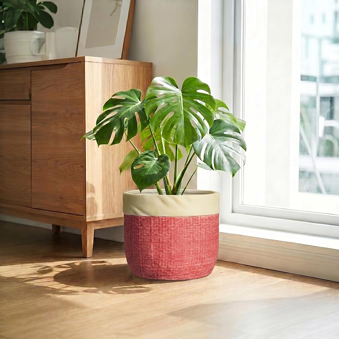 Ceramic Flower Pots, 9.8 Inch Plant Pots, Round Pot for Plants, Red | Boho Plant Pot for Indoor Plants, Decorative Planter with Drainage Hole, Home Apartment Decor, Gardening Gifts for Women