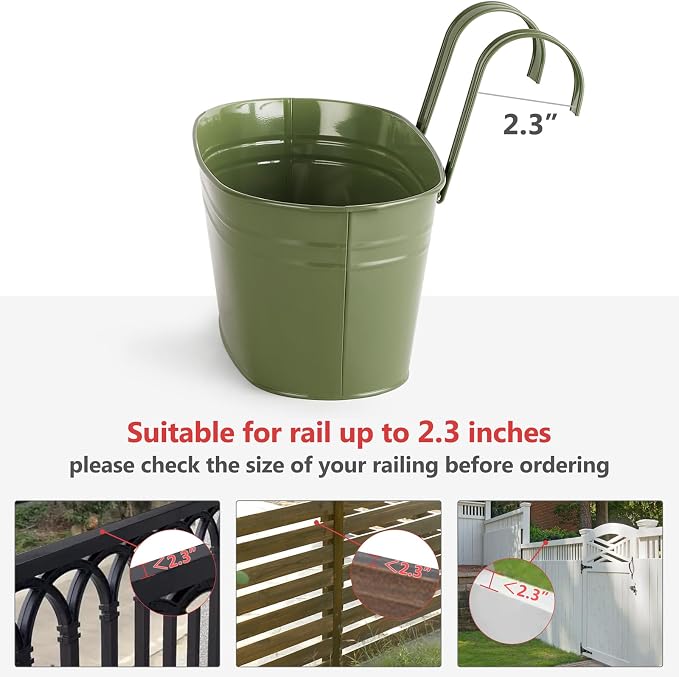 Dahey 10.5 Inch Metal Iron Hanging Flower Pots for Railing Fence Hanging Bucket Pots Countryside Style Outdoor Planter Window Flower Plant Holder with Detachable Hooks Home Decor,Green,3 Pcs