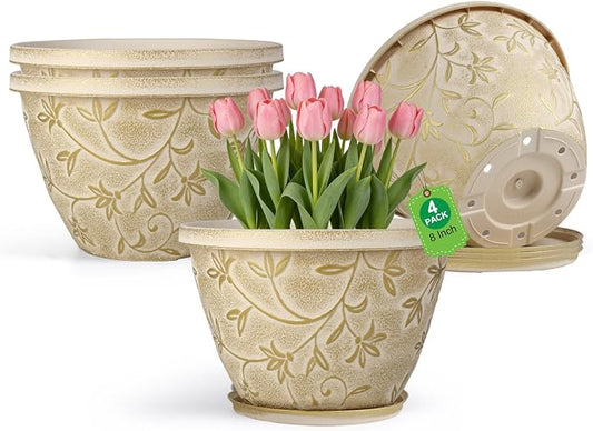 Nooulap 8 Inch Plant Pot, Beige Flower pots, 4 Pack | Indoor Outdoor Planters, Drainage Hole & Trays, Home Garden Beatuy Decor,Plastic Ligehtwight Small Pots