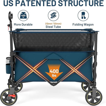 Timber Ridge 350L Extra Large Collapsible Folding Wagon Carts with Brake, Heavy Duty Outdoor Camping Utility Wagons with Extended Height, Adjustable Handle, Cup Holders, Side Bag(Blue)