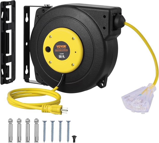 VEVOR Retractable Extension Cord Reel, 50 FT, Heavy Duty 14AWG/3C SJTOW Extension Power Cord with Lighted Triple Tap Outlet, 13A Circuit Breaker 180° Swivel Bracket for Ceiling or Wall Mount, Yellow