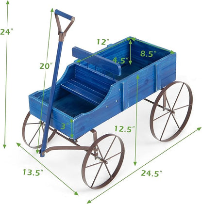 DORTALA Wood Wagon Planter, Outdoor Garden Flower Planter Cart with Wheels, Small Decorative Wood Raised Bed Plant Pot Box Stand for Backyard, Patio, Balcony, Blue