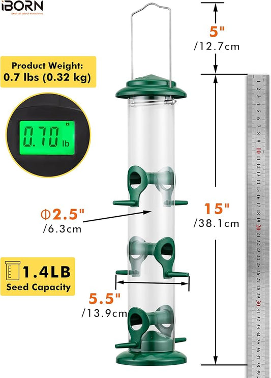 iBorn Metal Bird Feeders 6 Ports Hanging Wild Bird Seed Feeder for Mix Seed Blends, Seed Feeder, Sunflower Heart, Birdbath, Heavy Duty All Metal Green Finishing 15 Inch 6Port, Pack of 2,Gift Box